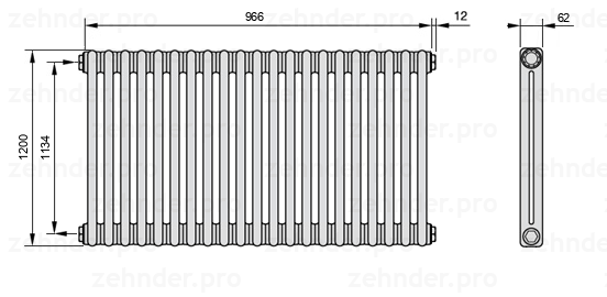 Схема (чертеж) Радиатор Zehnder Charleston 2120/21 №1270 Белый глянцевый RAL 9016